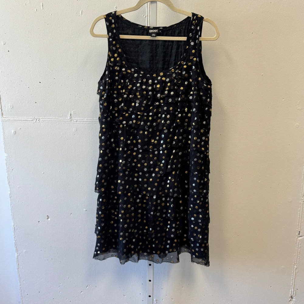 DKNY Silk Metallic Polka Dot Tiered Ruffle Shift Dress Black Gold Silver Size 6